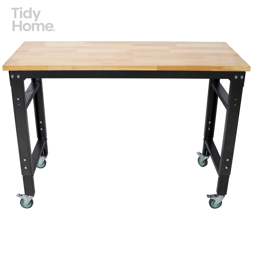 Workbench - 48" Wide Rolling Workbenches for Garage - Adjustable Height,Workshop Tool Bench,Metal with rubber Wood Top,Black leg