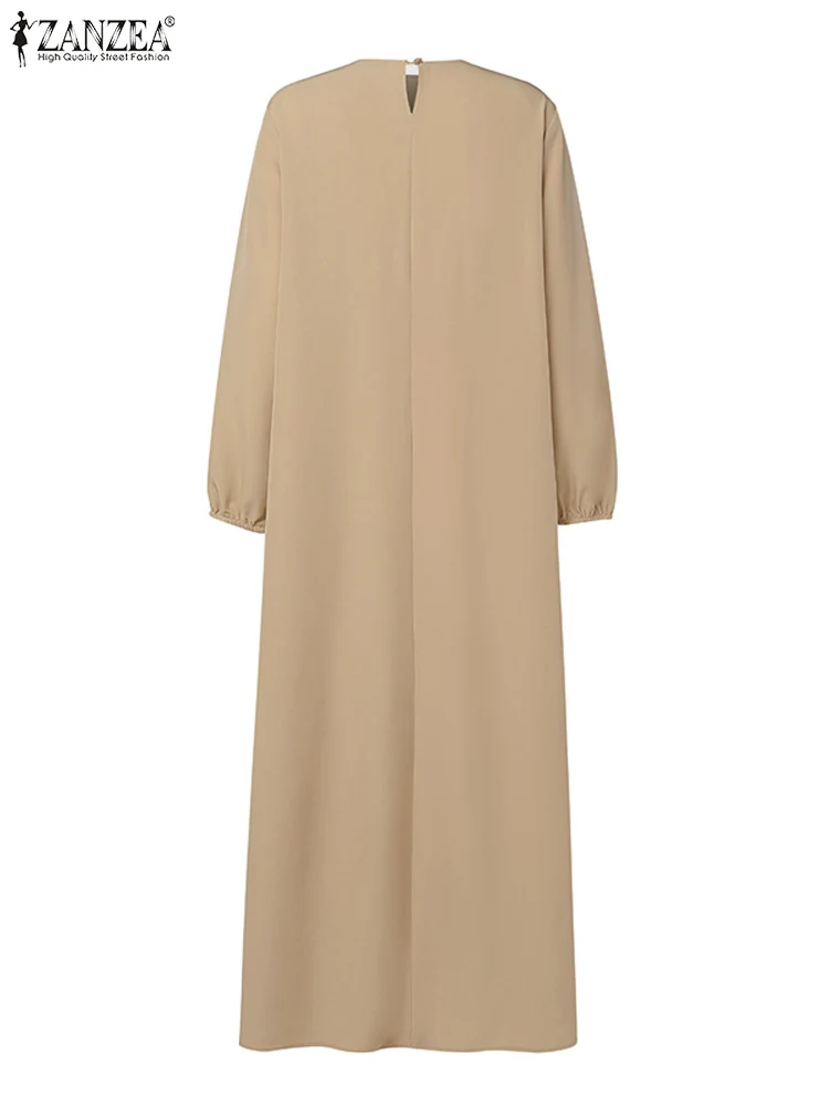 ZANZEA-vestido Abaya holgado e informal de manga larga para mujer, hiyab musulmán, Vestidos elegantes con volantes, vestido largo islámico liso 2024