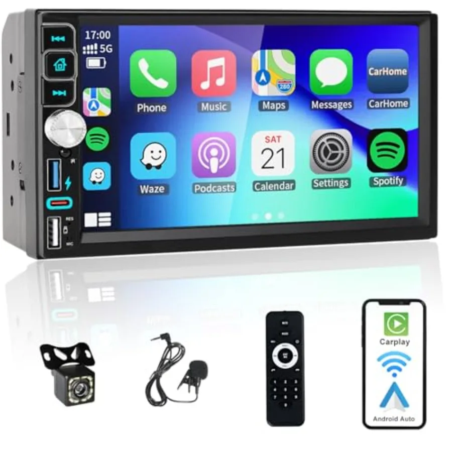 

Double Din Car Stereo Bluetooth Compatible with [Wireless] Apple CarPlay/Android Auto 7" Touchscreen AM/FM Radio Type-C USB 2.1