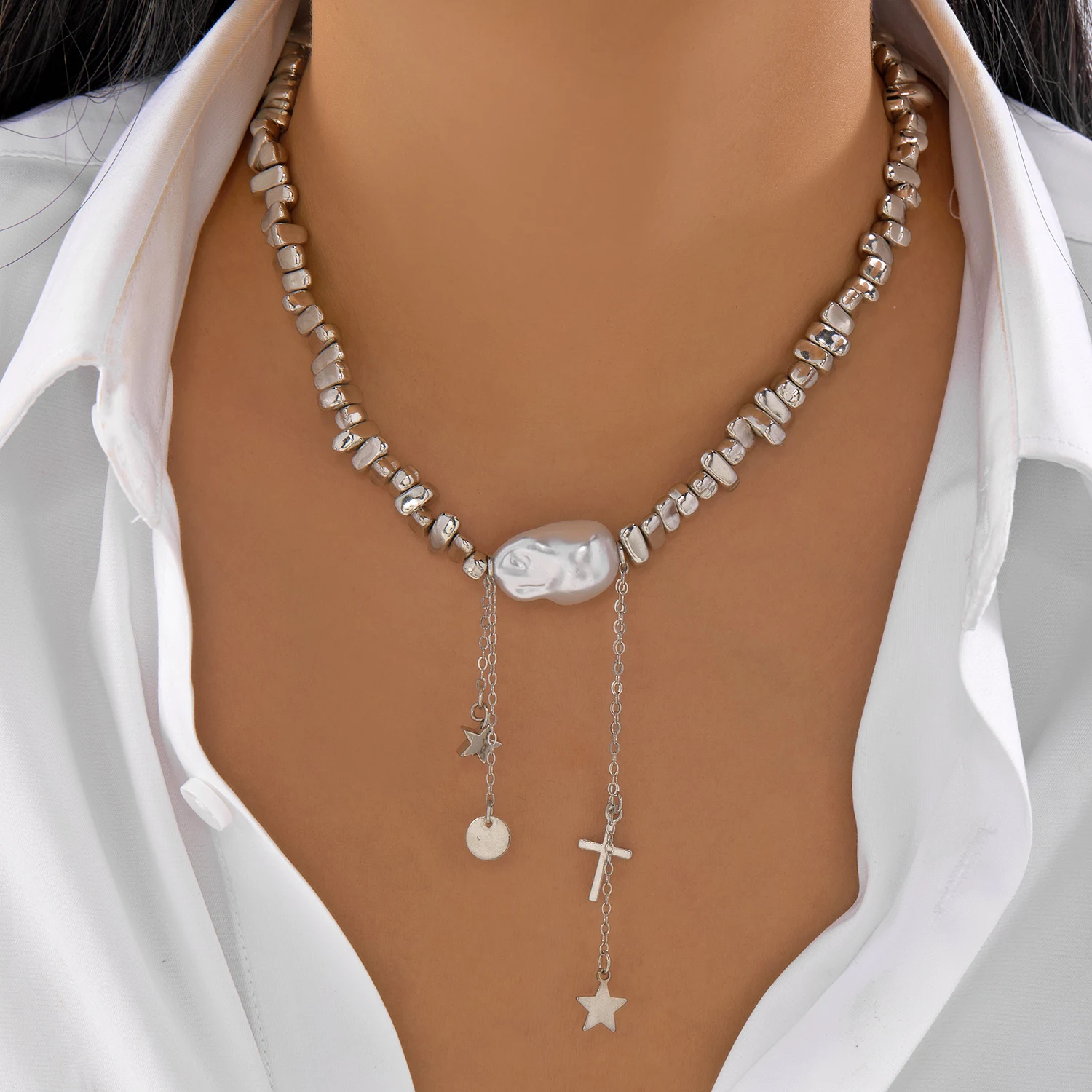 تصميم فريد من نوعه تقليد اللؤلؤ شرابة طويلة قلادة للنساء خمر شقة عظم الثعبان سلاسل شرابة الترقوة المختنق الرقبة مجوهرات #6