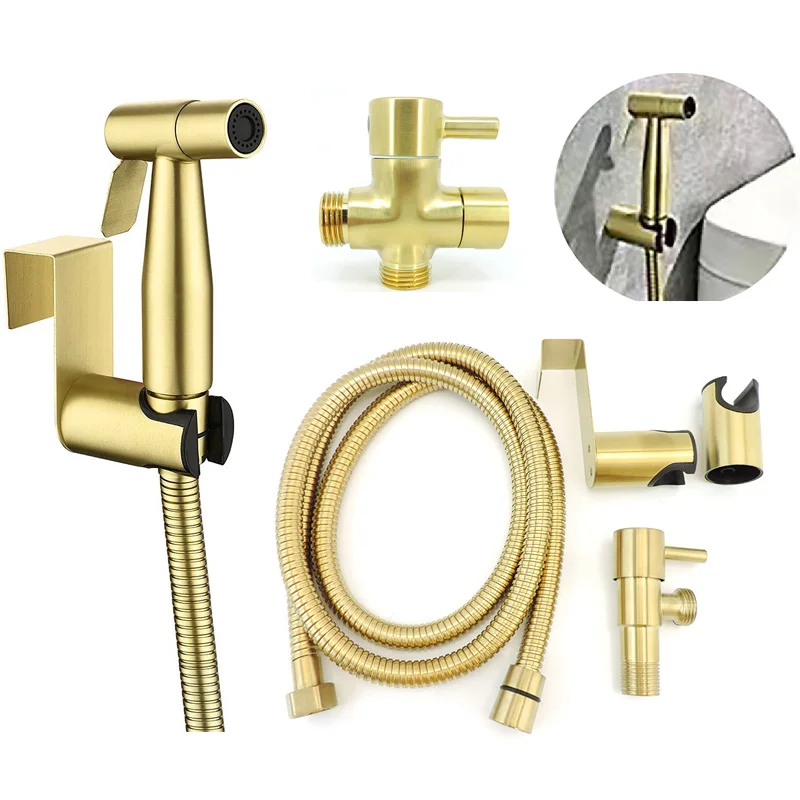 Stainless steel Gold Toilet Bidet Sprayer wc shower head set Douche Handheld water T valve Hose Muslim Kit bathroom cleaning