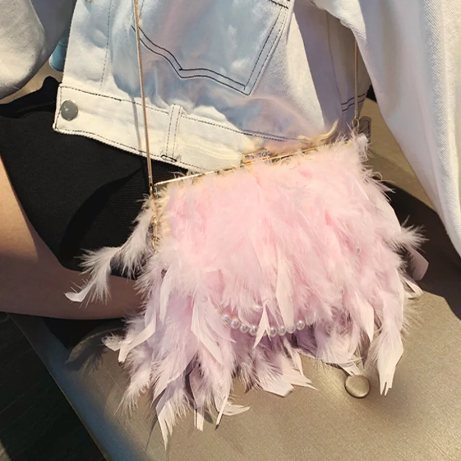 

【New style】Korean new turkey hair oblique span bag ostrich hair clip pearl chain fur single shoulder dinner bag