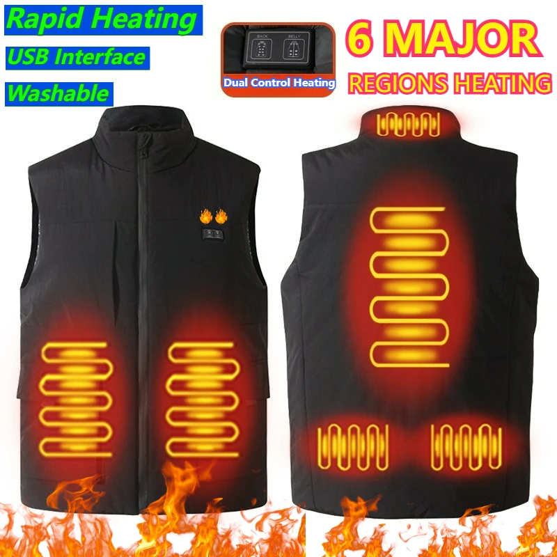 Chaleco calefactable de 6 áreas grandes para hombre y mujer, chaqueta sin mangas con calefacción de trabajo, chaleco térmico autocalentable USB cálido para invierno, abrigo con relleno grueso