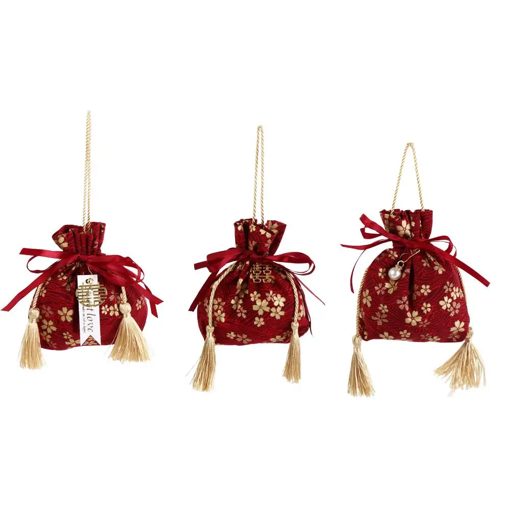 Sakura Canvas Flower Drawstring Bag Stripe Satin Bow Wedding Candy Bag Storage Bag Jewerly Packing Bag Ribbon Bow Wrist Bag