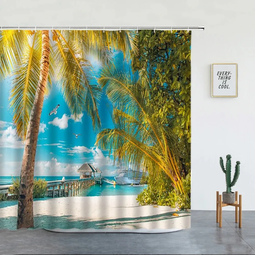 Beach Palm Trees Shower Curtains Sunset Island Hawaii Ocean Natural Landscape Polyester Bathroom Decor Cloth Bathtub Curtain Set