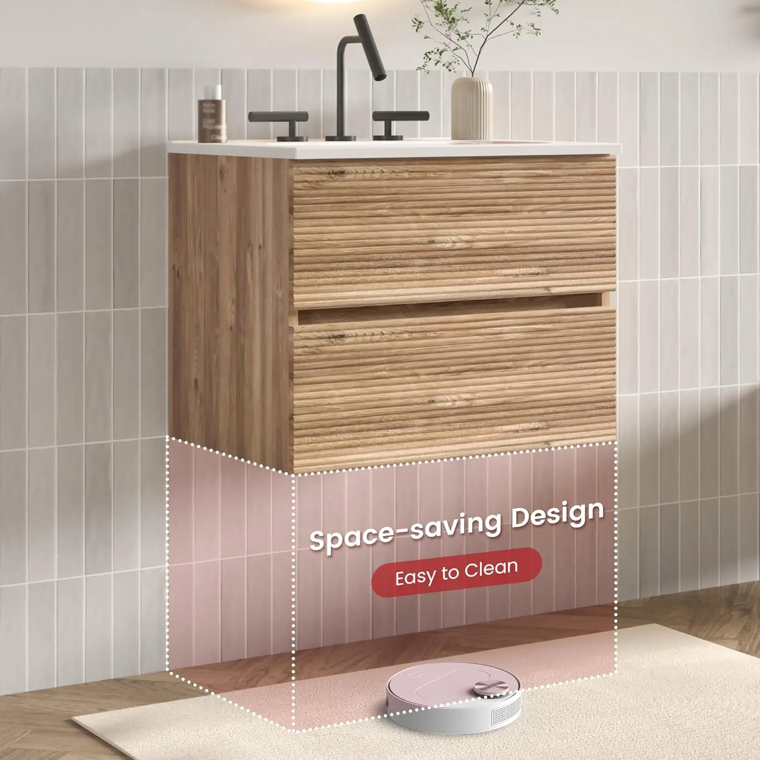 24" Wall Mounted Bathroom Vanity with Ceramic Sink Soft Close Drawers Rough Oak Small Apartment Customized - view 6