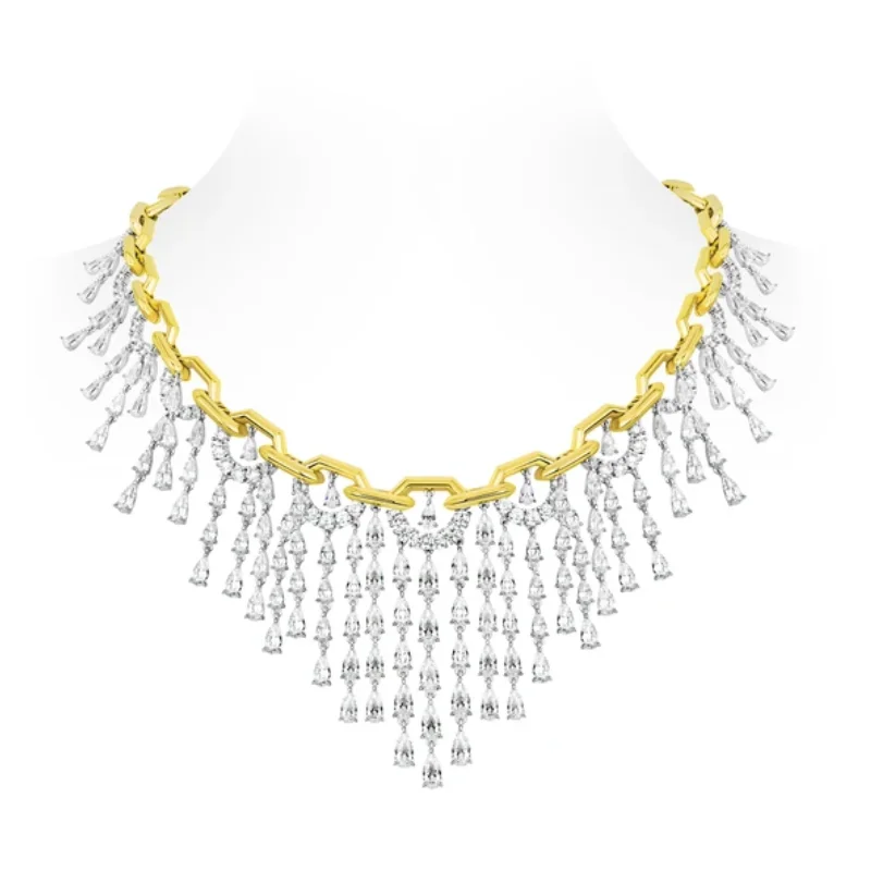 Bellux 925 Silver Synthetic Zircon Gold Color Full Diamond White Water Drop Tassel Luxury Bridal Wedding Party Necklace