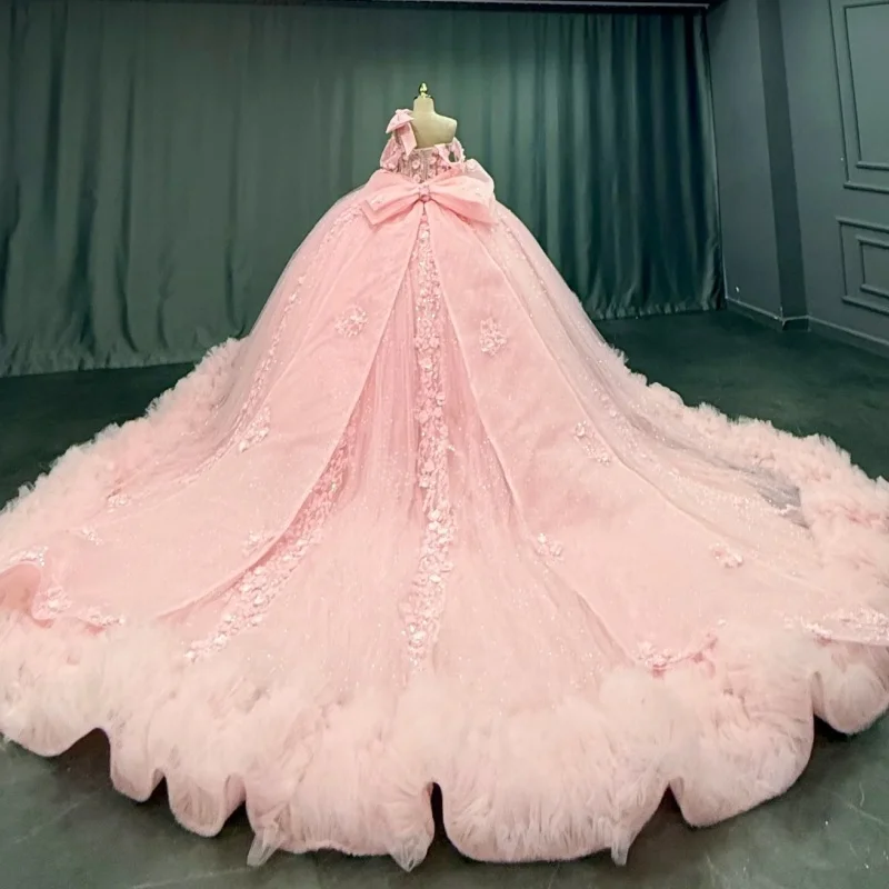 반짝이는 킨세아녜라 드레스 크리스탈 3D 꽃 장식 오프숄더 레이스 레이어드 롱테일 리본 베스티도스 데 15 킨세아녜라 ﻿ 맞춤 제작