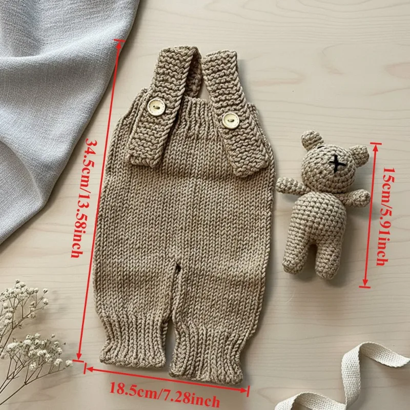 3pcs/sets Newborn Photography Props Adorable Hand-woven Romper Pants Bear Hat and Bear Dolls Decor Sets Baby Photoshoot Outfits