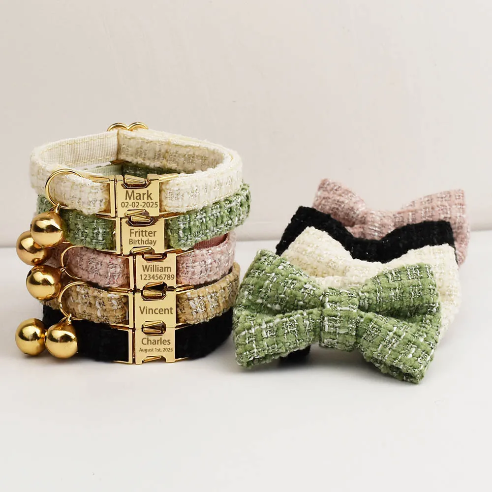 High Quality Plaid Pattern Fashion Luxury Dog Collar Bowknot Leash Set Personalized Custom Name Phone Number Engraving Buckle