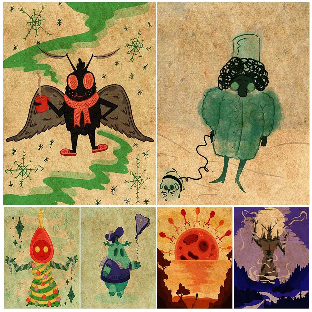 

Cute Little Mothman And Crocodile Monster,Cartoon Vintage Wall Art Canvas Painting,Magical Creatures Art Poster Print Home Decor