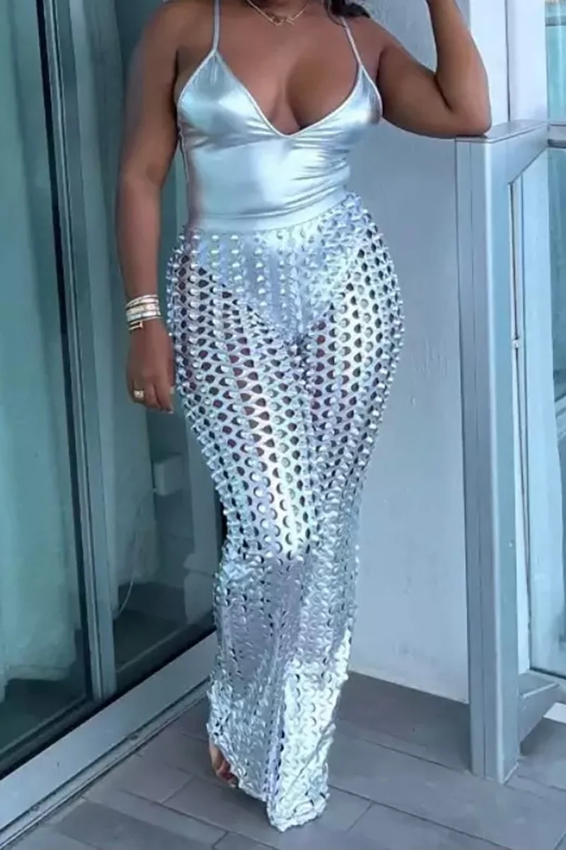 

Plus Size Silver Festival Metallic Hollow Sleeveless Two Pieces Pant Sets