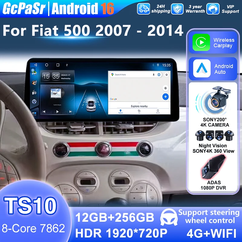 Radio para Auto de 12.3 Pulgadas con Android 16 para Fiat 500 2007 2008 - 2014, Navegación, Carplay, Reproductor Multimedia, GPS, Estéreo, DVD, Bluetooth, Android Auto