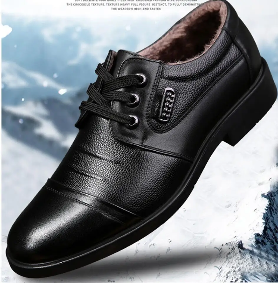 Autumn/Winter Men\'s Genuine Leather Shoes Warm Fur Casual Shoes Men All-match Lace Business Wedding Party Footwear Zapatos Hombr