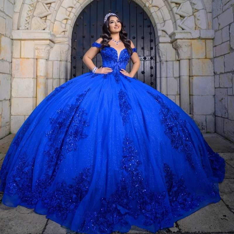 

Royal Blue Shiny Quinceanera Dresses Off The Shoulder Applique Lace Beads Tull Corset Party Birthday Sweet 16 Dress Vestidos 15