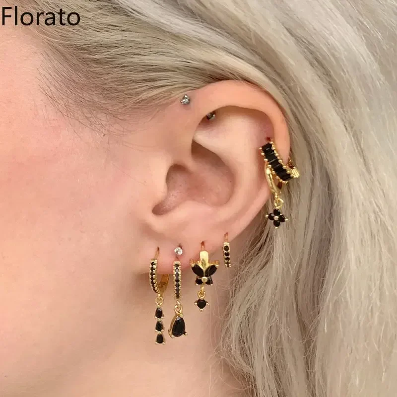 925 Sterling Silver Ear Needle Black Color Zircon Hoop Earrings for Women Exquisite Geometry pendant Earrings Jewelry Pendientes