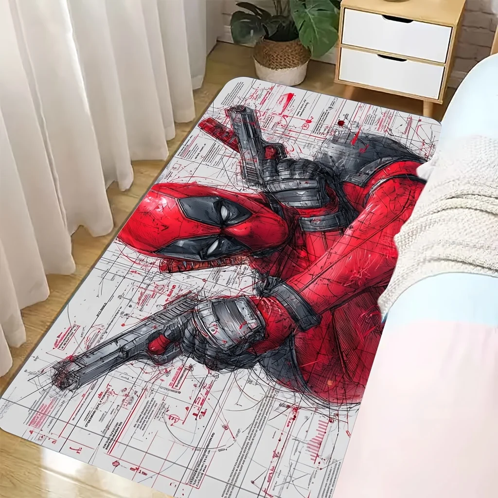 Marvel 1pc Cartoon Printed Floor Mat, Deadpool Holding Dual Guns Mechanical Blueprint Style Illustration, Easy to Clean, Suita view 6