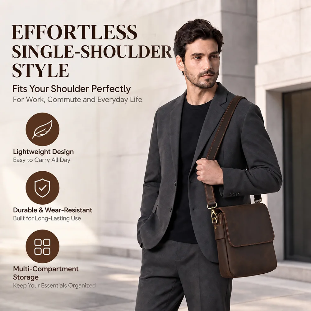 Men's Crazy Horse Leather Small Crossbody Bag Genuine Leather Shoulder Commuter Sling Vintage Casual Chest