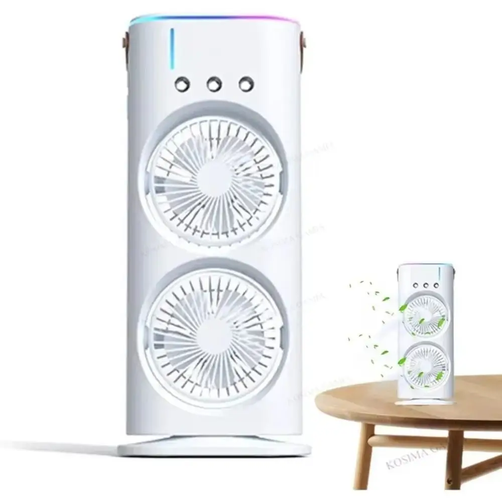 Ambientebeleuchtung 3-in-1-Klimaanlage, tragbarer Luftkühler mit zwei Köpfen, Tischventilator, geräuscharm, LED-Nachtlicht, für den Innenbereich – Detail 10
