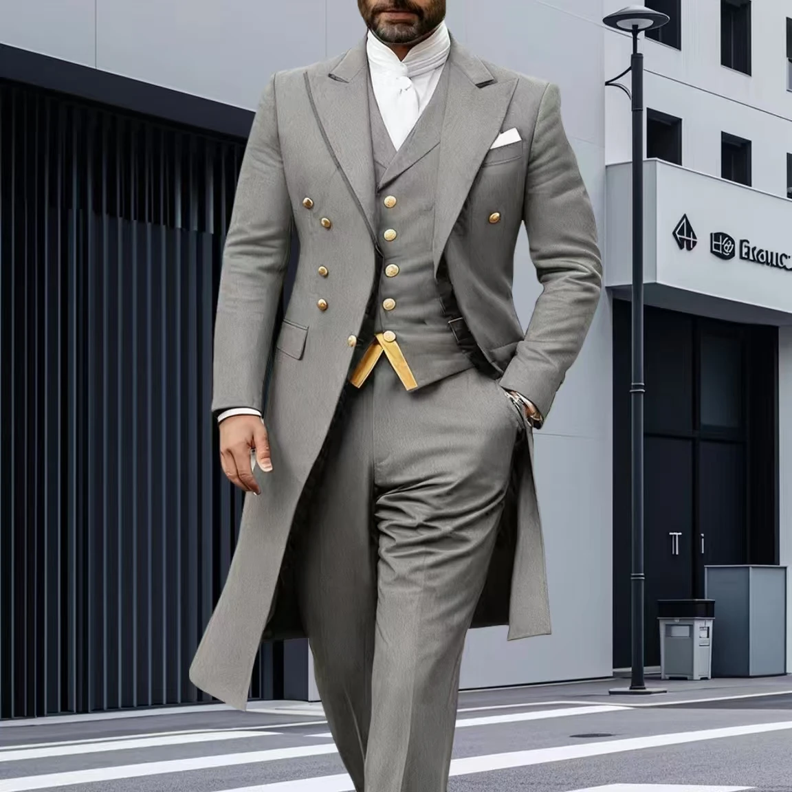 

Мужской бирюзовый смокинг-тройка: пиджак, жилет, брюки. Элегантный длинный официальный костюм для особых случаев.