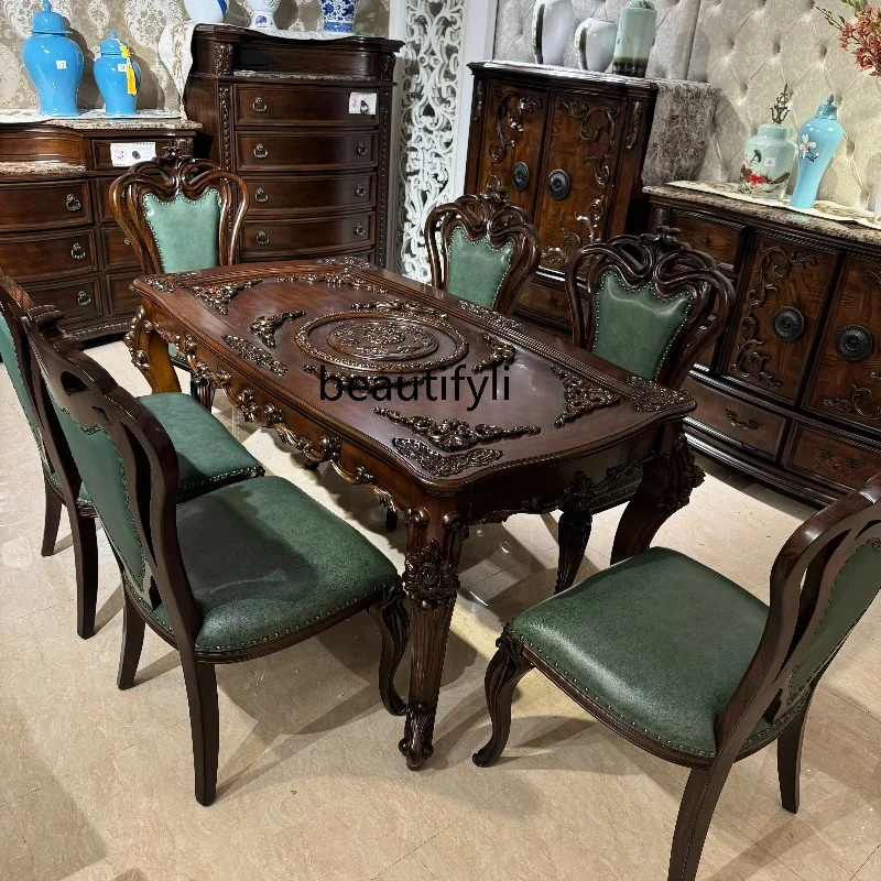 

American walnut solid wood carving flower rectangular dining table and chair combination 1.6 meters rectangular