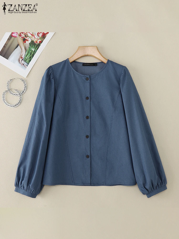 2024 ZANZEA Elegant Long Sleeve Work Shirt Women Stylish Denim Blue Blouse Autumn Fashion Buttons Up Tops Spring Party Blusas