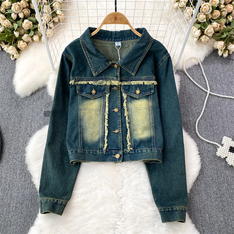 

Women Spring Autumn Frayed Burrs Denim Jacket Casual Vintage Washed Blue Short Cowboy Outerwear Lapel Long Sleeve Jeans Jacket