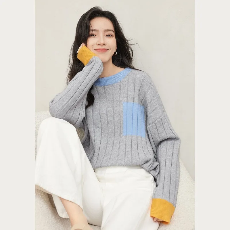 

Fashionable Contrast Color Splicing Round Neck Pullover Sweater Women's Casual Loose Knitwear