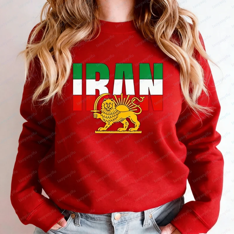 Iran Löwen-Sonnen-Flaggen-Sweatshirt Persisches Kulturerbe Rundhalspullover Traditioneller Shir Khorshid Pullover Patriotischer Iran-Sweater Oberteil