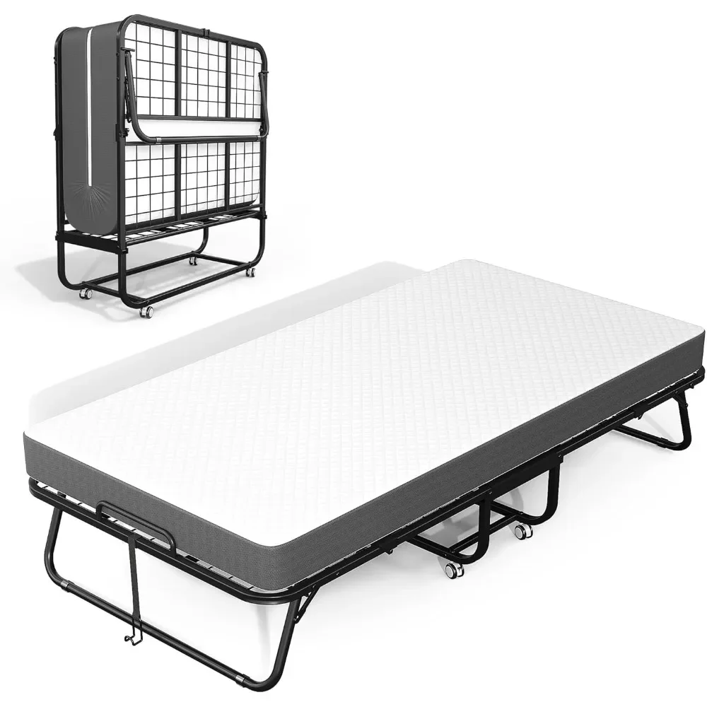 

Folding Bed with Mattress, 75 "x 31" Single Cot Portable Rollaway Adult Guest Bed, Foldable Metal Beds Frame with 5-inch Memory