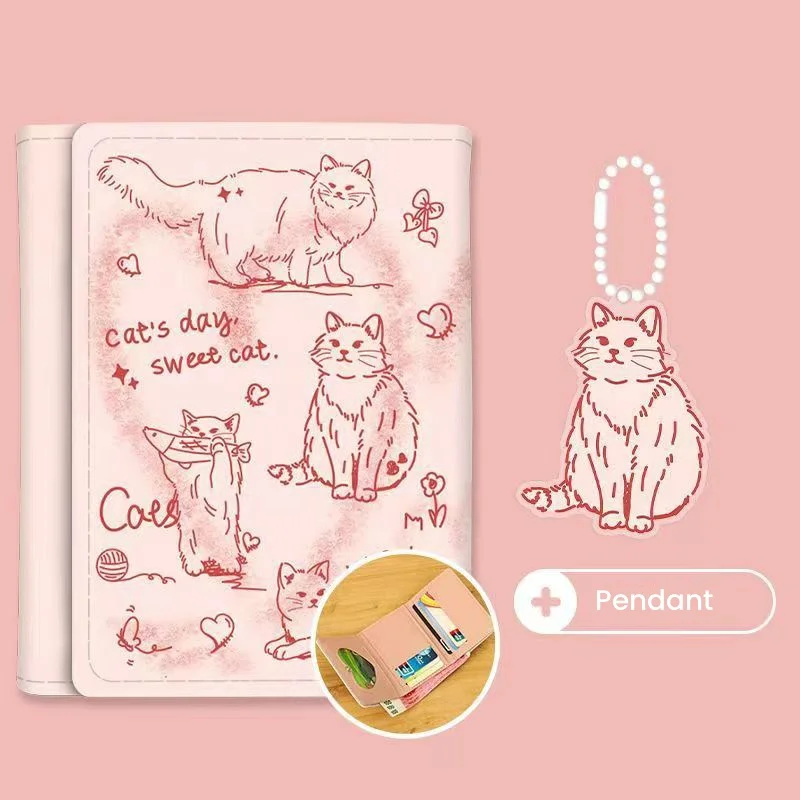 Portable Letter Printed Pink Cat Wallet Sewn Pendant PU Wallet Waterproof Spring Rope Short Money Bag Card storage Container