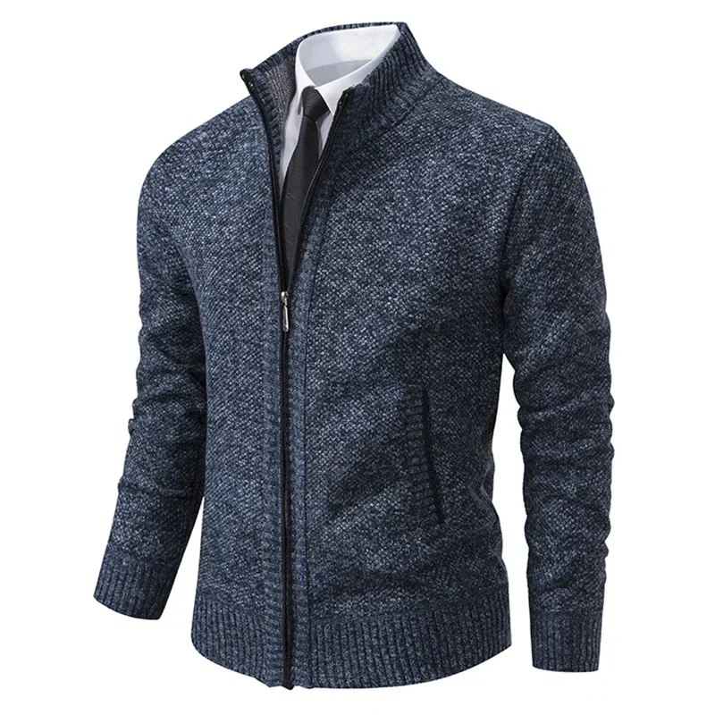 

2025 Autumn and Winter New Jersey Men's Casual Sports Coat Solid Color Stand Collar Sweater Grab Fleece Warm Zipper Cardigan