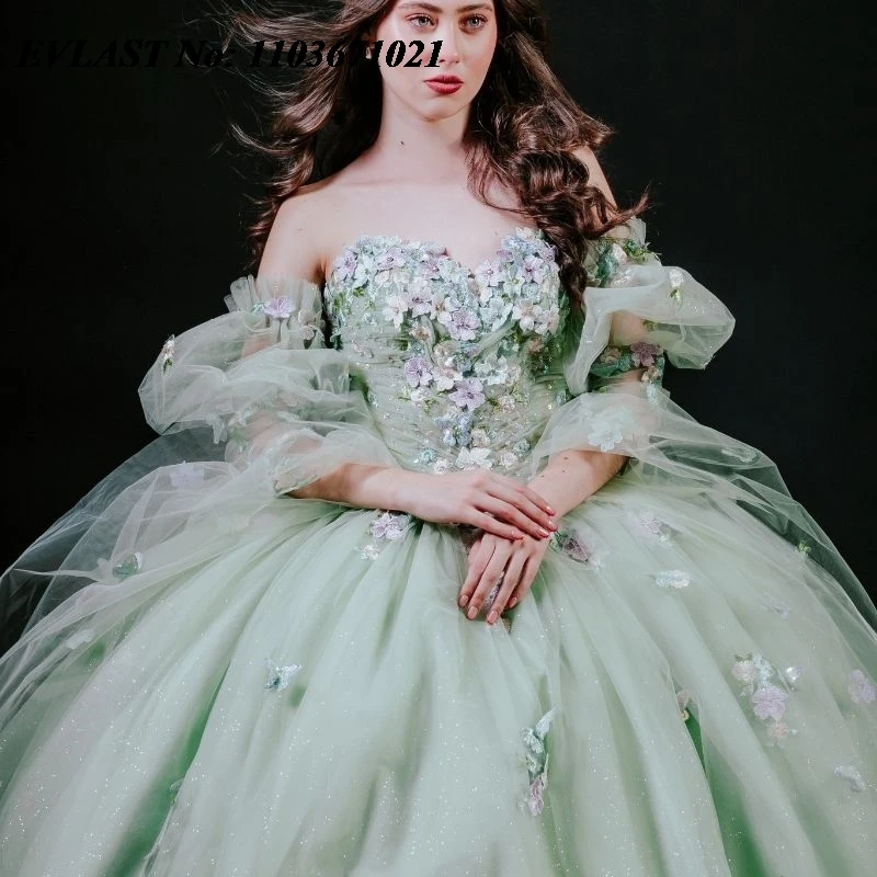 EVLAST-vestido De quinceañera verde salvia mexicana, vestido De baile con apliques De encaje y cuentas, manga acampanada, dulce 16, Vestidos De XV 15 Anos SQ118