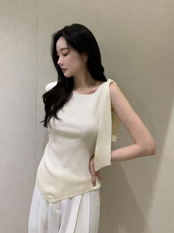 

Elegant Asymmetric Shoulder Slip Knot Knitted Vest Women Summer Pure Desire Bare Shoulder Sleeveless Slim Fit T-Shirt