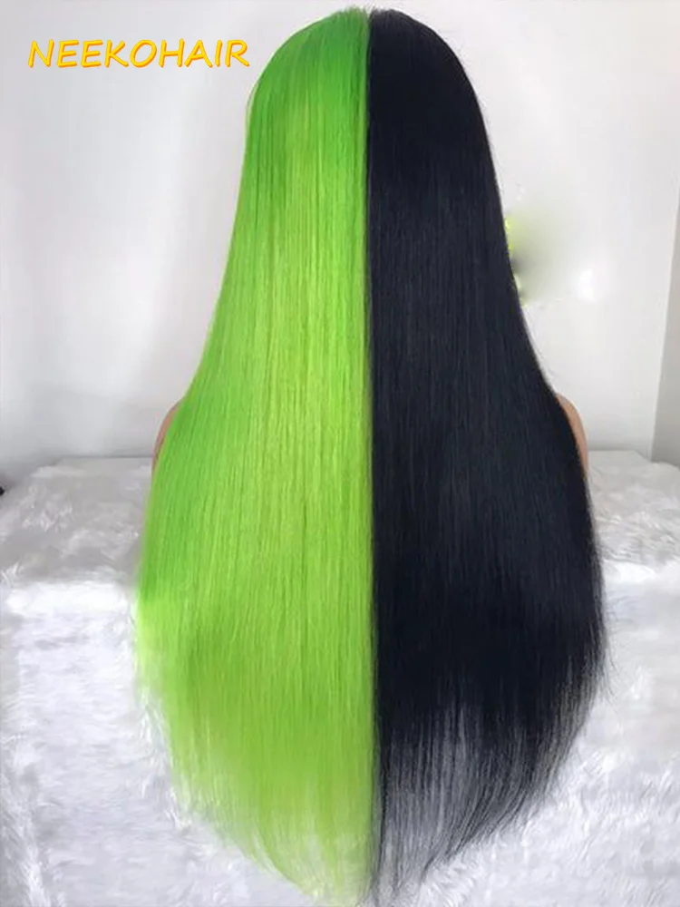 13x6 Lace Frontal Wig Half Black Half Green Two Tone Cosplay Wig Green Long Straight Bicolor Wigs Human Hair Wig For Women