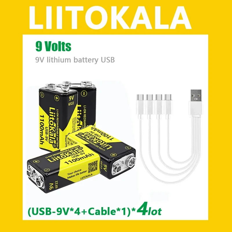 (USB-9V*16+cable*4)LiitoKala 9V Li-ion Battery for Multimeter Microphone Toy Remote Control KTV+4-in-1 Type-C charging cable