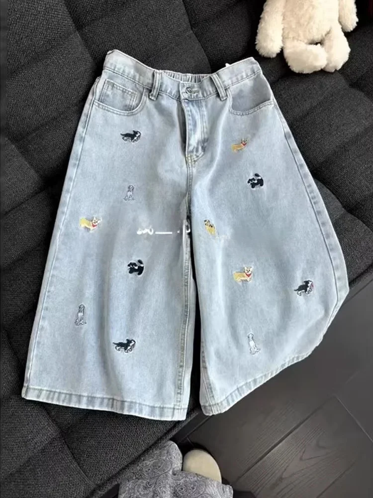 

Светло-голубой джинсовый орг с вышивкой для собак на семь футов, свободные, с широкими штанинами, шесть деталей для мужчин и женщин, летние повседневные орты для пар