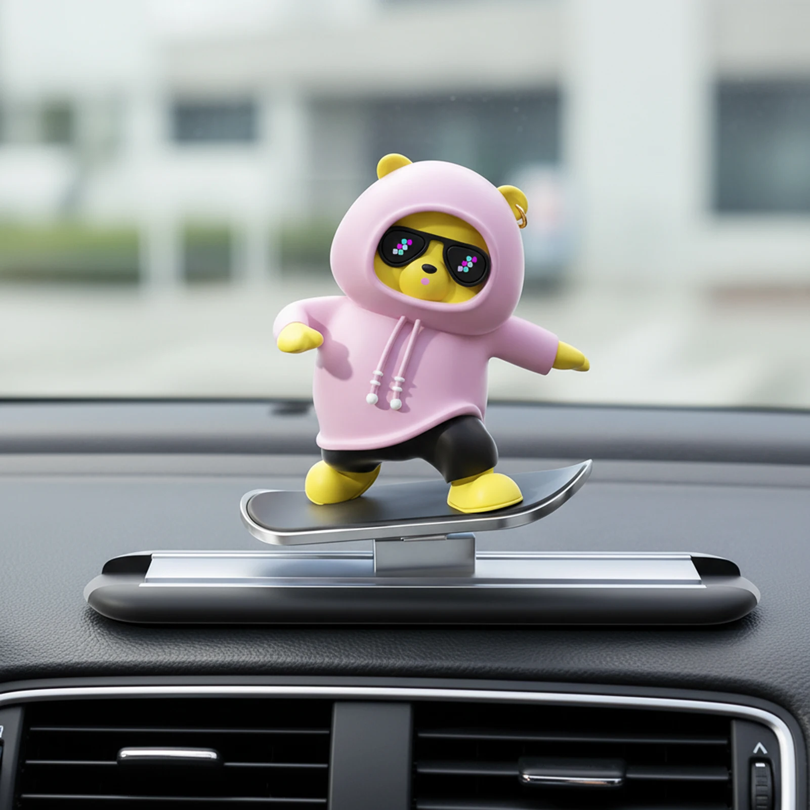 Skateboard Bear Car Dashboard Ornament Metal PVC Dynamic Design Cute Cartoon Decoration for Auto Interior Gifts