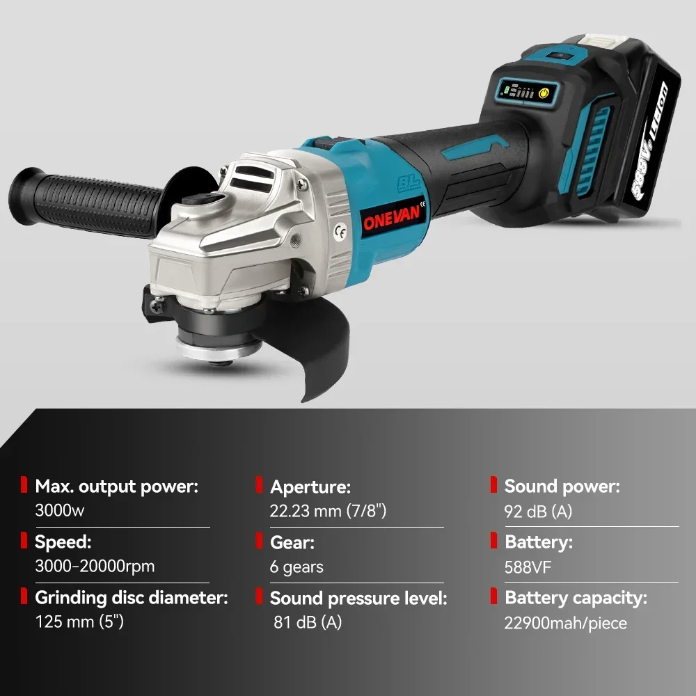 ONEVAN 125MM Brushless Electric Angle Grinder 3000W 6 Gear Polishing Cutting Machine Metal Wood Power Tool For Makita Battery