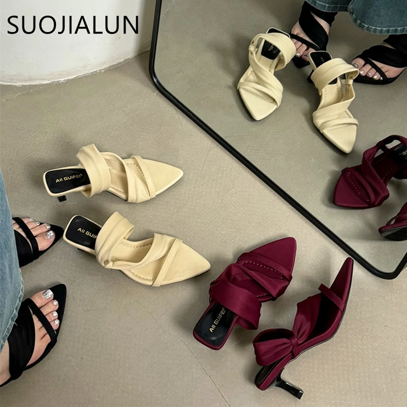 SUOJIALUN Summer New Brand Women Slipper Fashion Narrow Band Ladies Elegant Dress Slides Thin High Heel Outdoor Dress Pumps