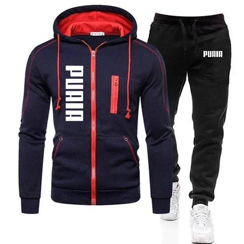 New men\'s outdoor jogging fitness hoodie + pants 2 sets, autumn and winter fashion casual zipper hooded jacket, men\'s sportsuit