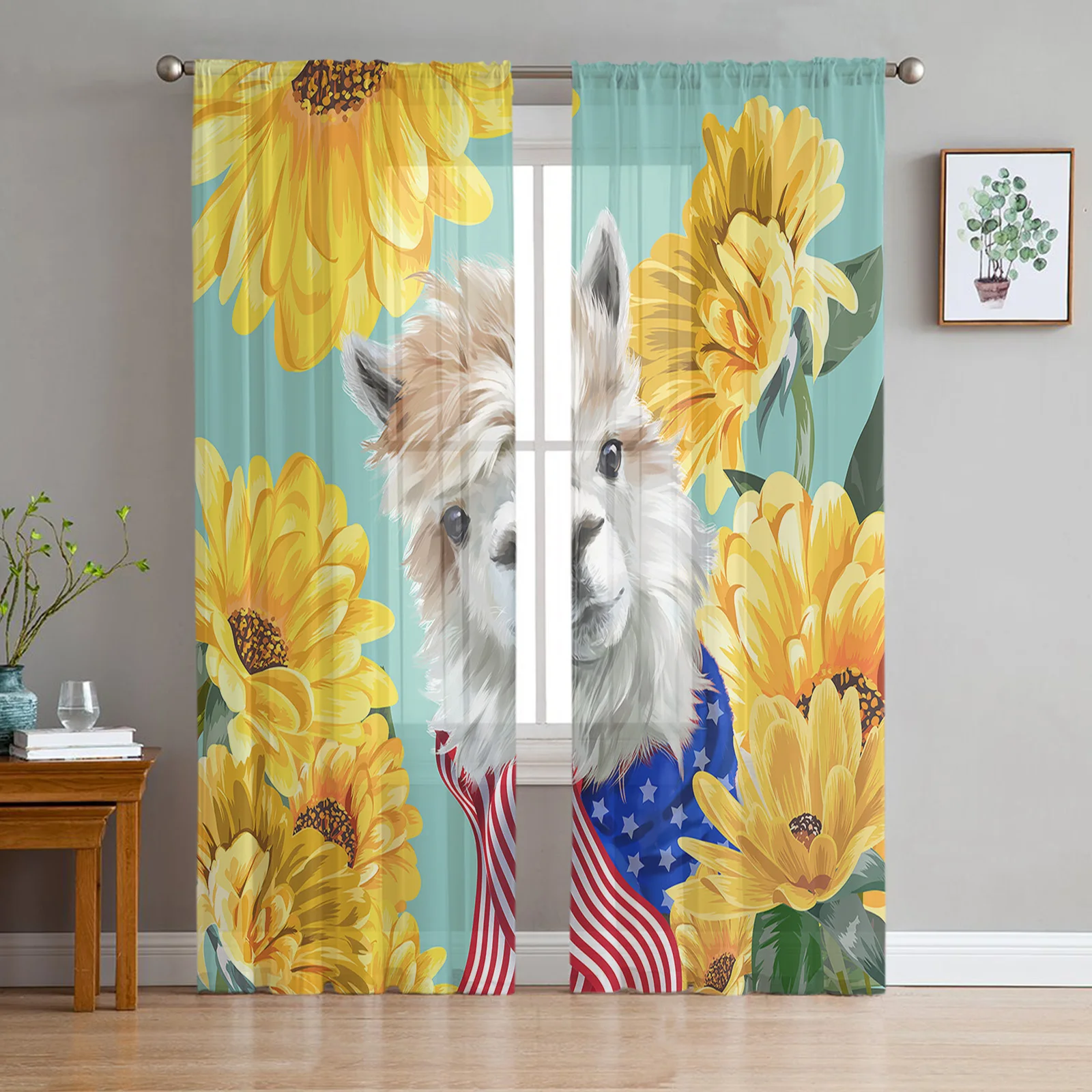 Daisy Alpaca Cute Print Design Sheer Curtains for Living Room Translucidus Tulle Curtains Bedroom Home  Chiffon Curtains