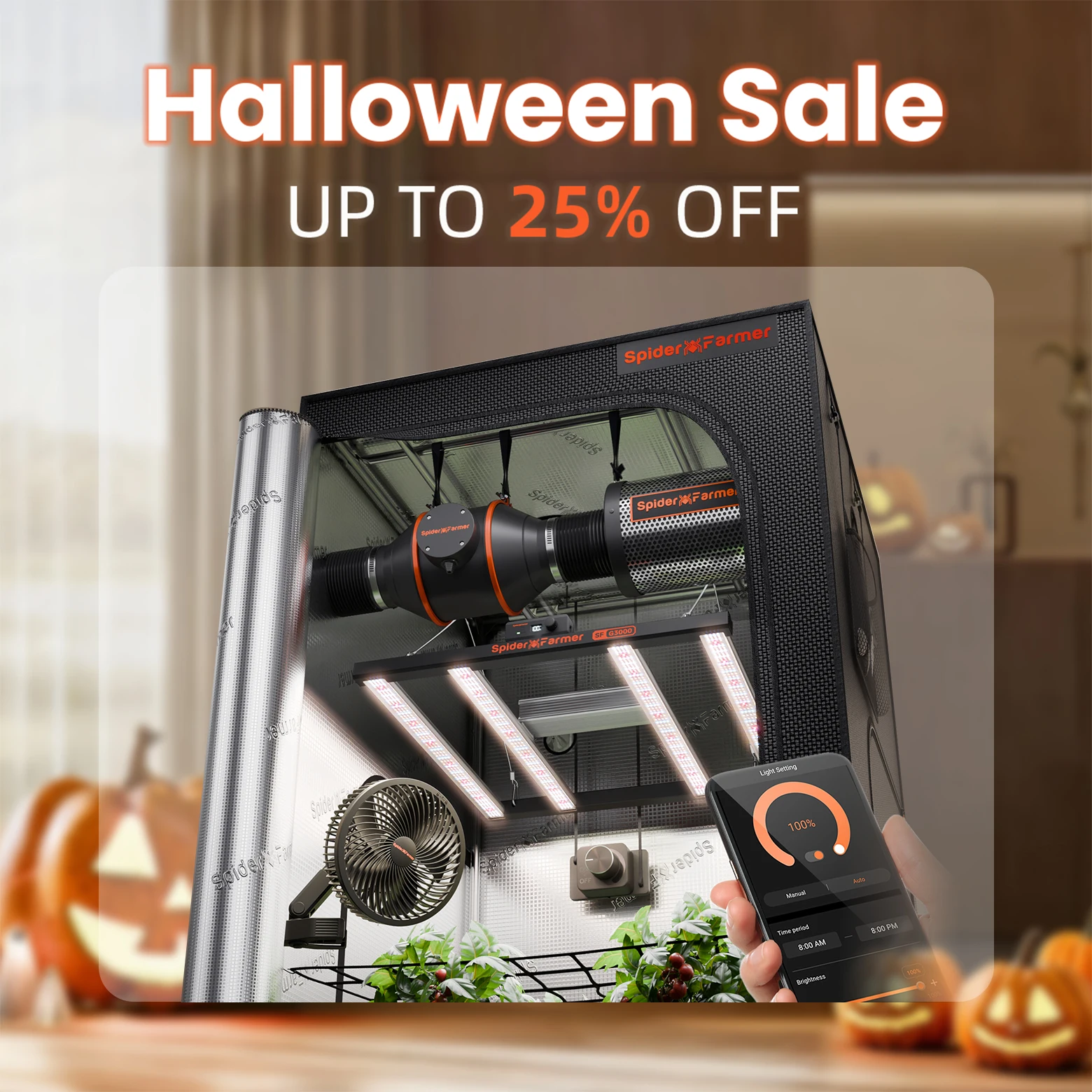 Spider Farmer 0.9x0.9x1.8m Complete Grow Tent Kit+G3000 Full Spectrum LED Grow Light+6” Clip Fan+4” Inline Fan for Home Grow