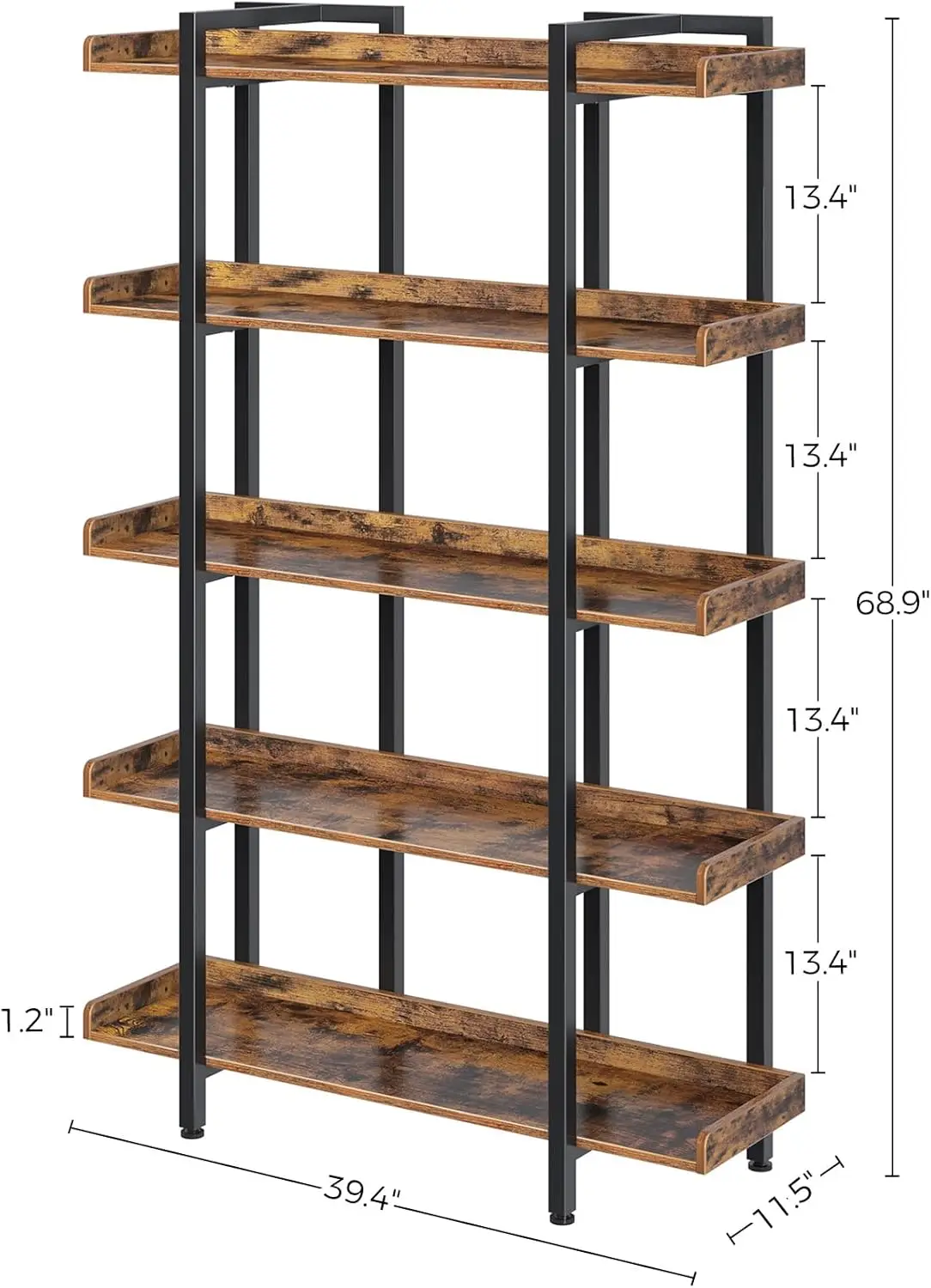 Bookshelf 5-Tier, 68.9’’H Industrial Book Shelf, Large Bookcases and Bookshelves with Open Shelves, Open Display