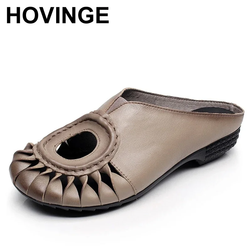 

HOVINGE Summer New Slippers Genuine Leather Shoes Handmade Slides Flip Flop Cut Out Women Slipper