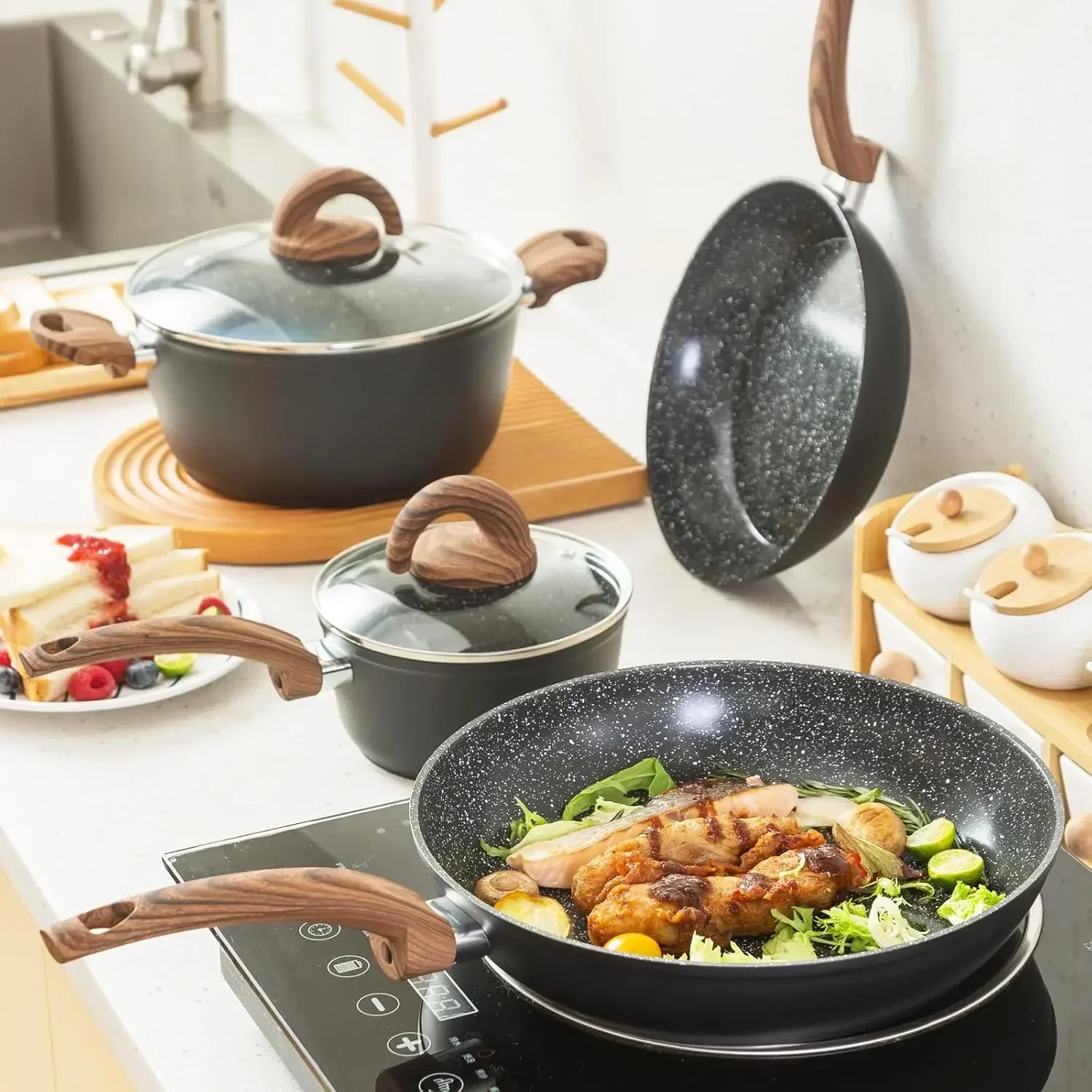 

Pots and Pans Set Non Stick, Ceramic Cookware Set with Granite Pattern Kitchen Cooking Sets Induction Pot and Pan w