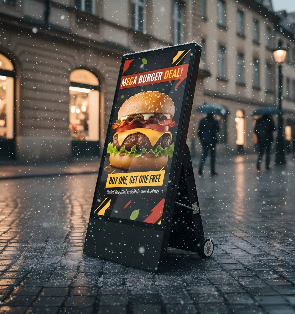 High Brightness IPS Foldable Outdoor IP65 43'' Digital Signage LCD Poster Kiosk Battery For Shopping Mall Animation Support
