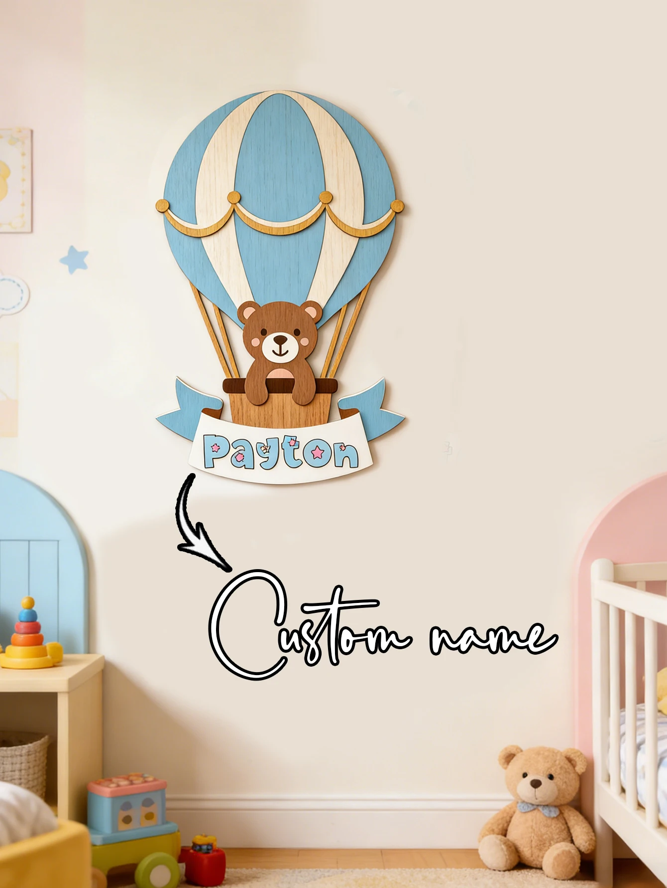 Custom Bear Hot Air Balloon Wooden Name Sign Banner Plaque Neutral Boy Nursery Wall Table Decor Newborn Bedroom Keepsake Gift image 2