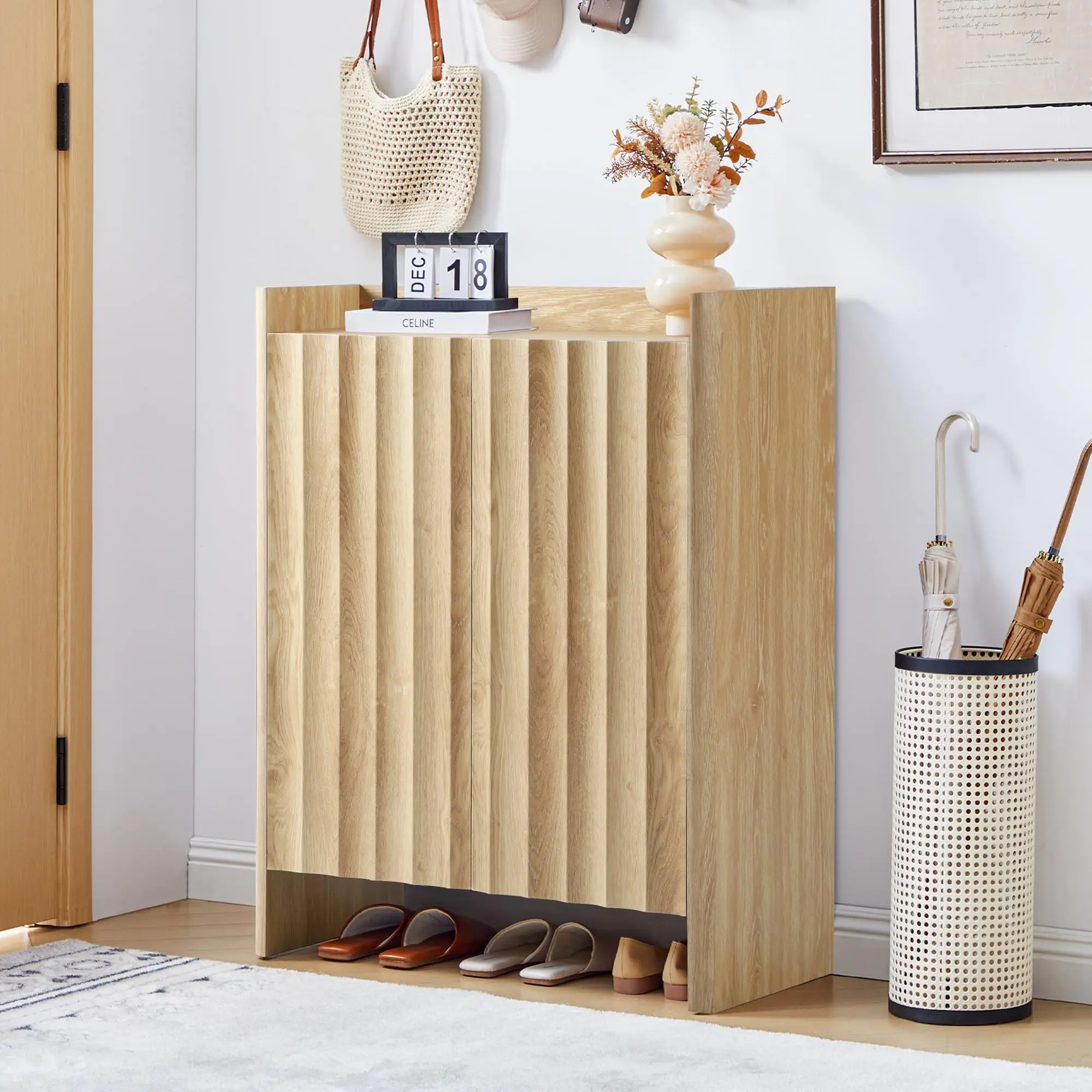 5-Tier Fluted Shoe Cabinet with Doors,Natural