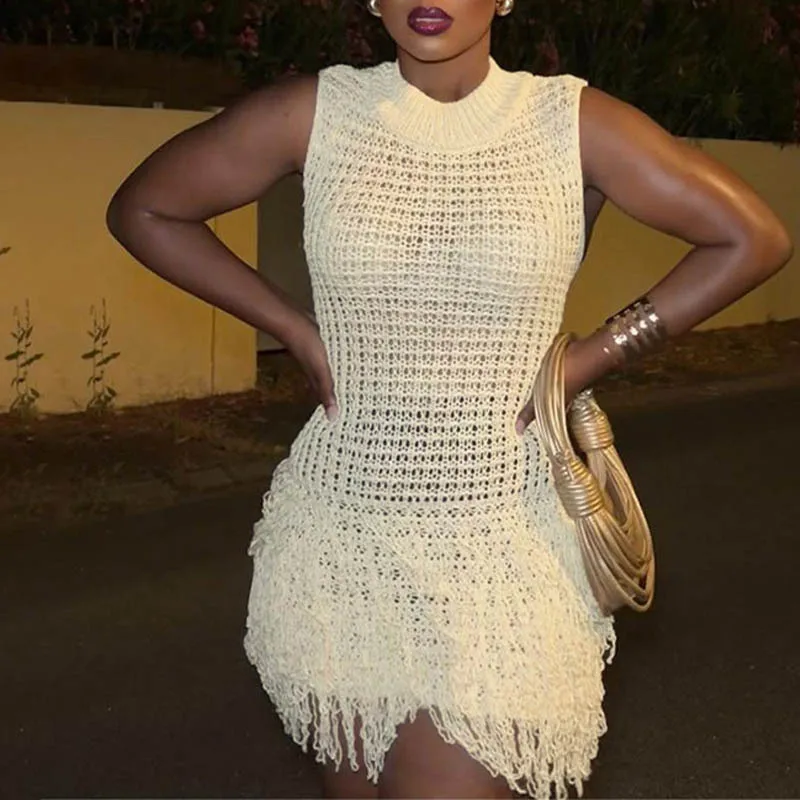 

Summer new wool dress, sexy sleeveless fringe short skirt, hollowed out splicing slim fit solid color knitted dress